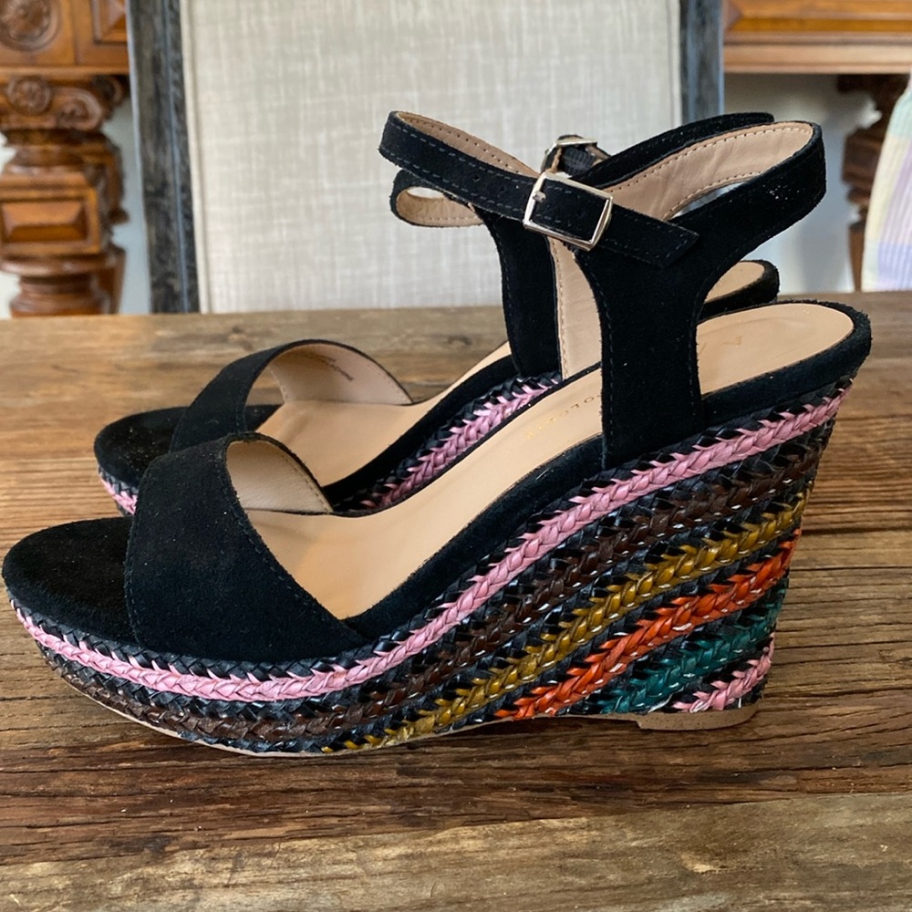 Anthropologie Black Wedge Sandals with Multicolor Heel